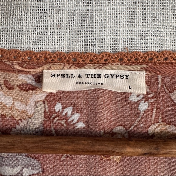 SPELL Rosa Garden Party Floral Bird Print Short Sleeve Midi Dress Camel Size L - Picture 9 of 11